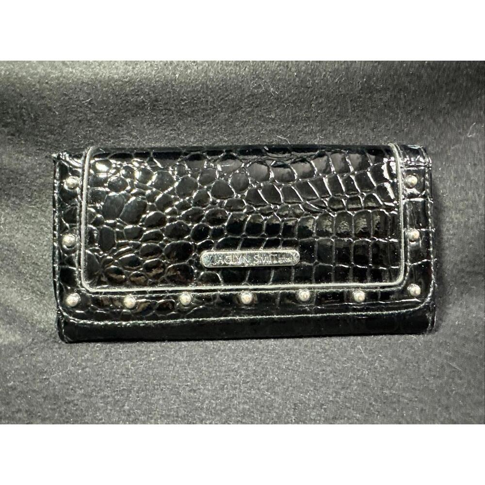 Jaclyn Smith Wallet Clutch Snap Dual Zip Crocodile Black Faux Leather  Studded